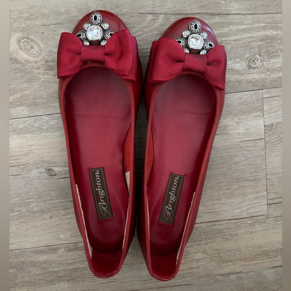 Brighton Red Leather Ballet Flat Bow Size 7